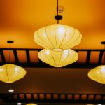 Elegant hanging lanterns with warm lighting create a cozy atmosphere indoors.